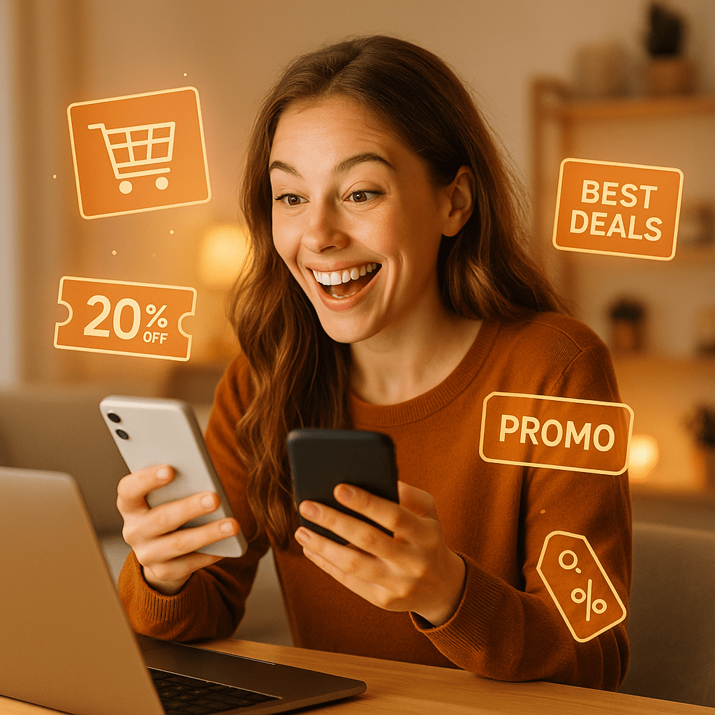 Smiling young woman shopping online using laptop and smartphone, surrounded by promo icons – representing excitement for best coupons and deals.